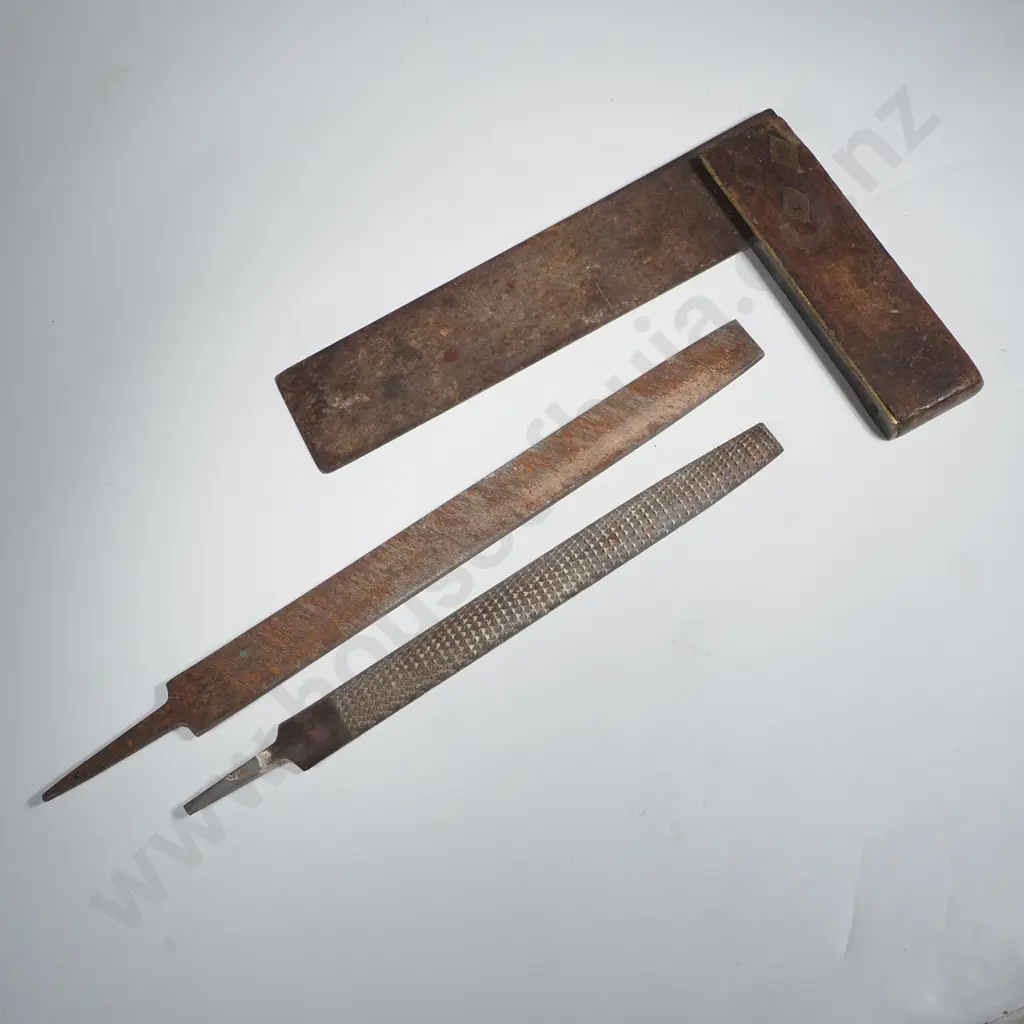 Two Vintage Heavy Rasps & a Vintage Carpenter's Set Square Image 1++