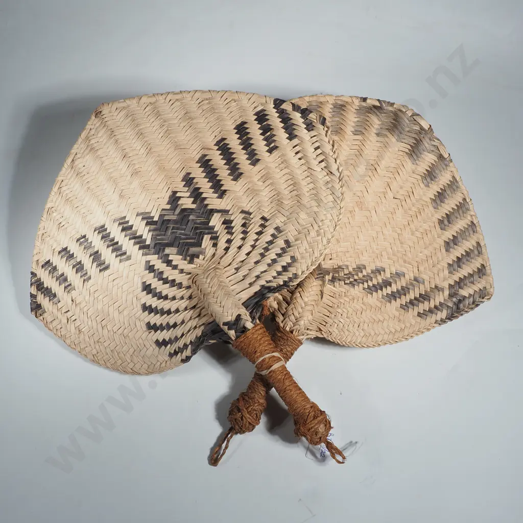 Pair of Handwoven Palm Leaf or Pandanus Fanes w Wrapped Handles, Possibly Fijian Image 1++