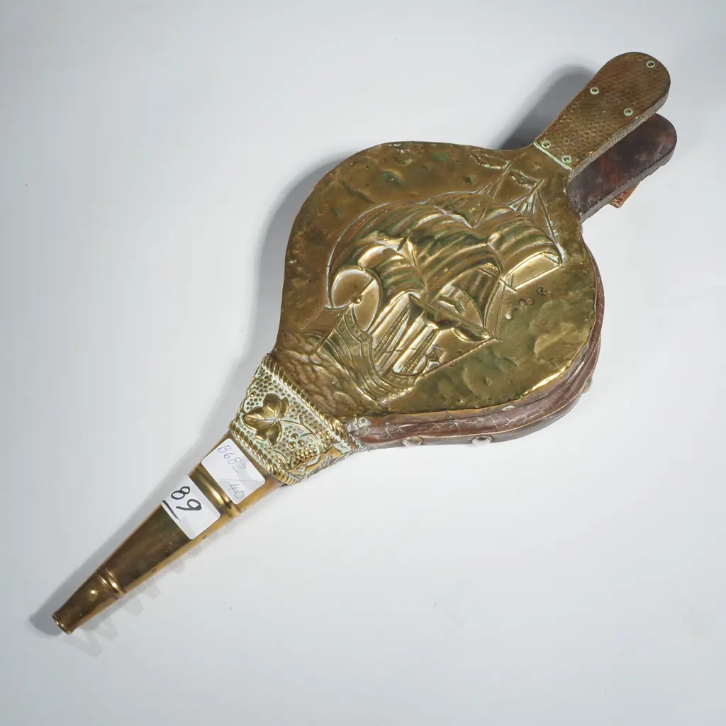 Vintage Embossed Brass Fireplace Bellows featuring a Tall Masted ship Image 1++