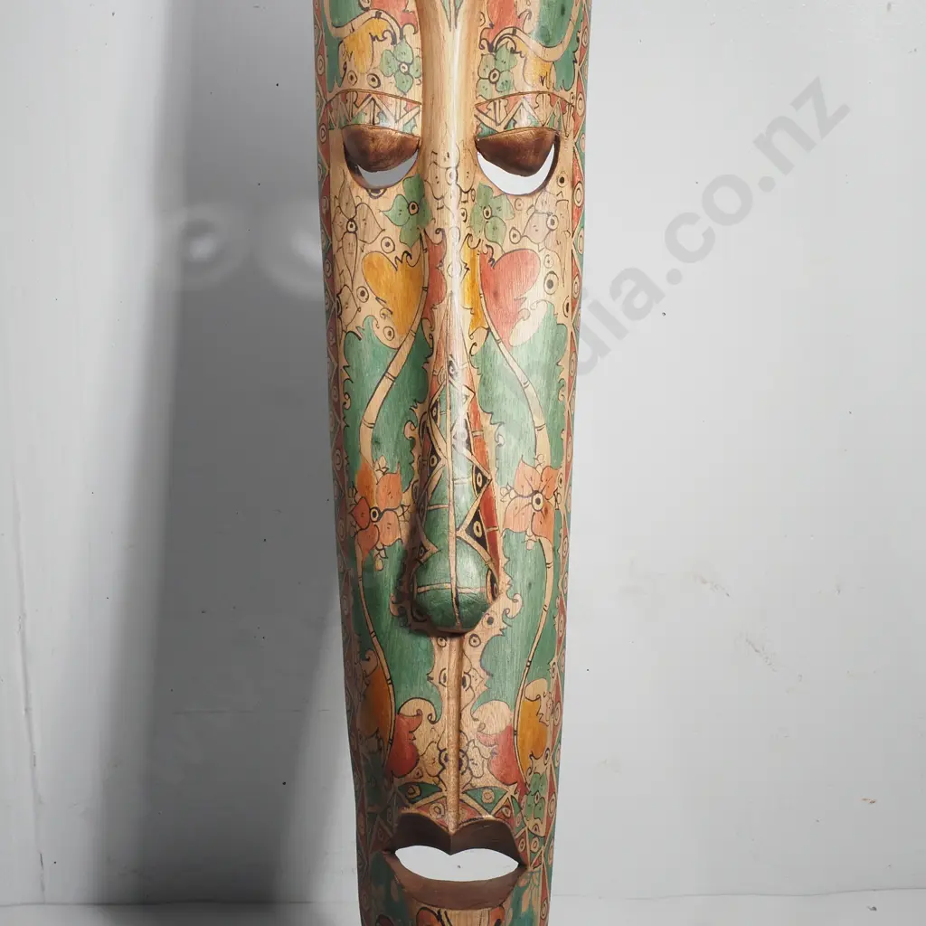 Wooden Wall Mask w Hand Carved Details & Hand Painted Floral or Geometric Patterns Image 1++