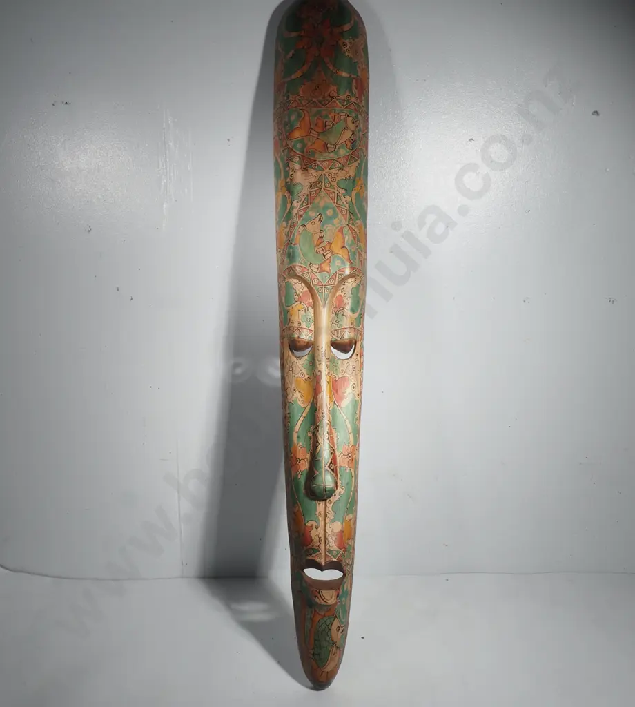 Wooden Wall Mask w Hand Carved Details & Hand Painted Floral or Geometric Patterns Image 1++