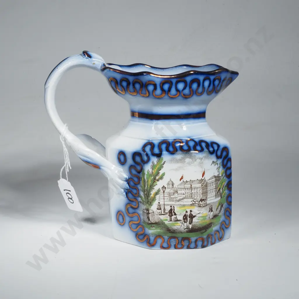 Victorian Flow Blue & Polychrome  Commemorative Jug - Princess Royal (Queen Victoria) & Prince Of Prussia (Albert) 1858 Image 1++