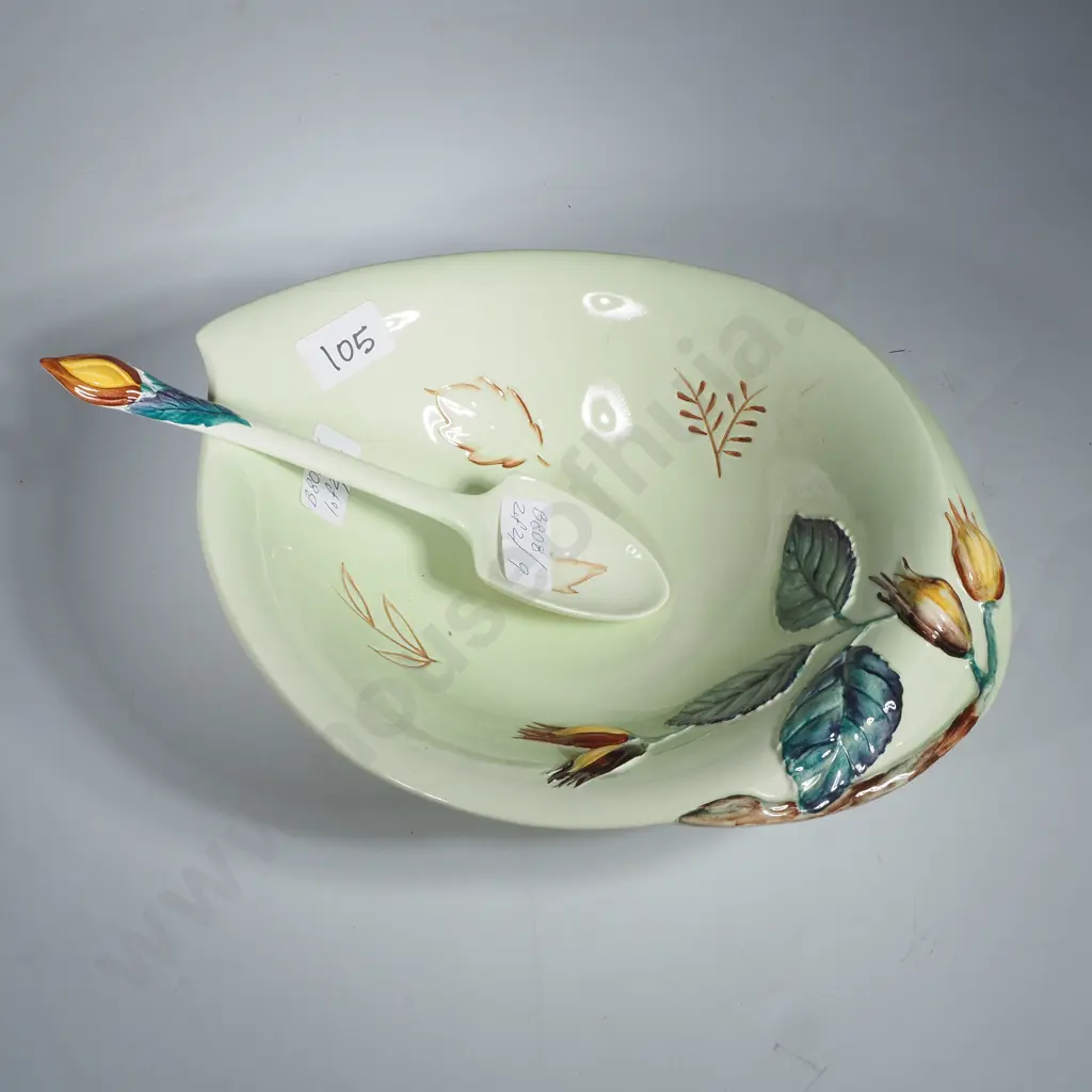 Large English Carlton Ware Pottery Green Hazel Nut Footed Bowl w Spoon Image 1++