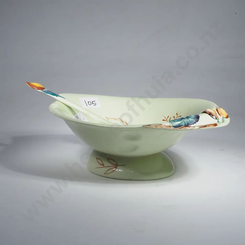Large English Carlton Ware Pottery Green Hazel Nut Footed Bowl w Spoon Image 1++