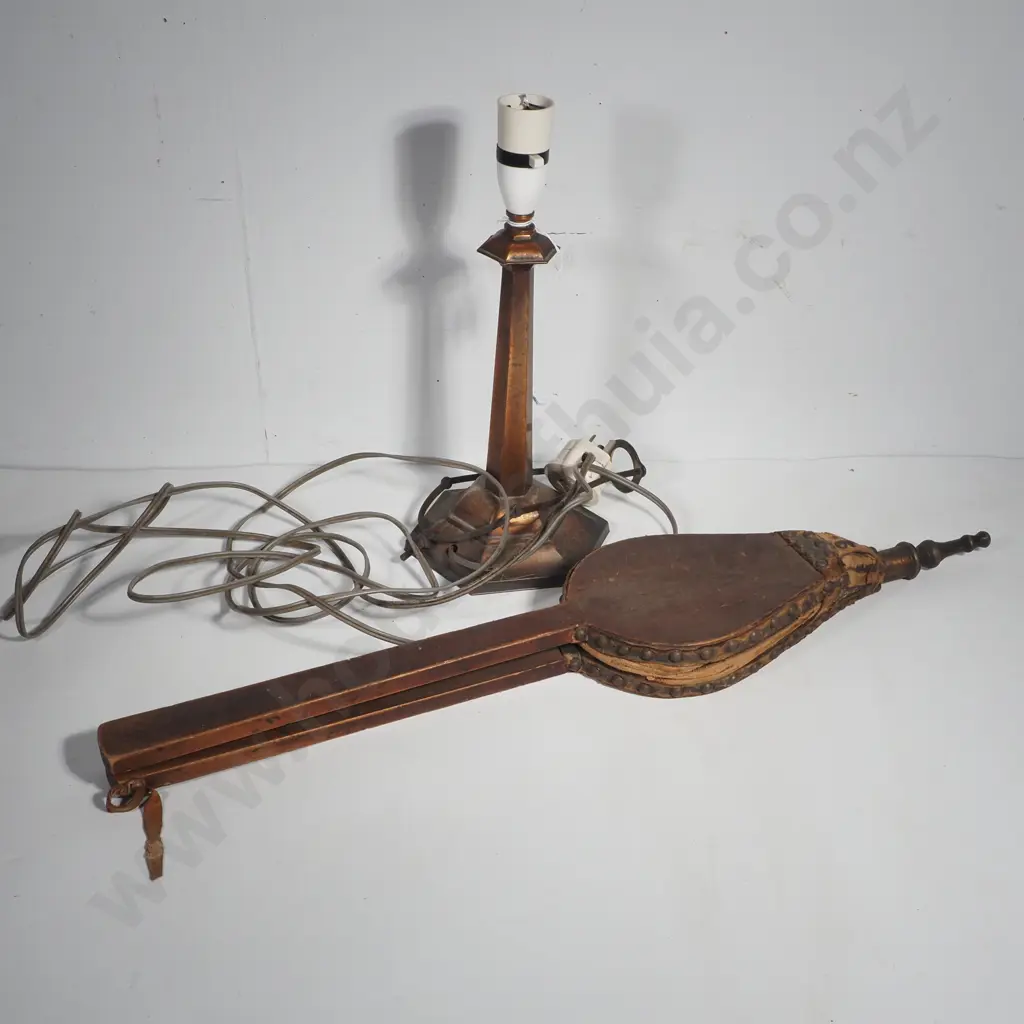 Copper Table lamp w Faceted Stem & A Vintage Fire Bellows Image 1++