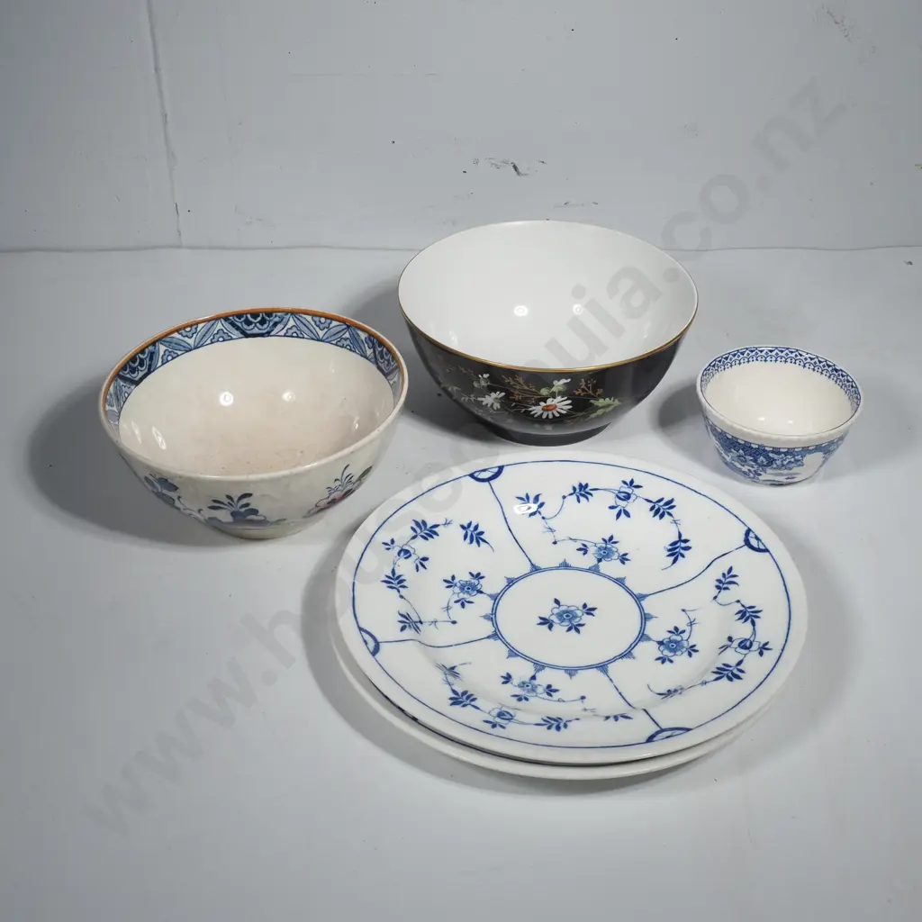 Two Vintage Plates in the Blue Onion Pattern, Small Wood Sugar Bowl, Booths Netherlands Bowl & a French Black Bowl Image 1++