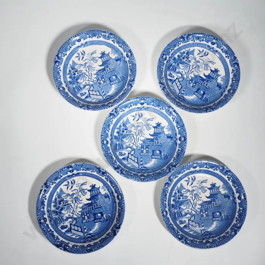 Five Blue & White Burleigh Soup Bowls in the Willow Pattern Image 1++