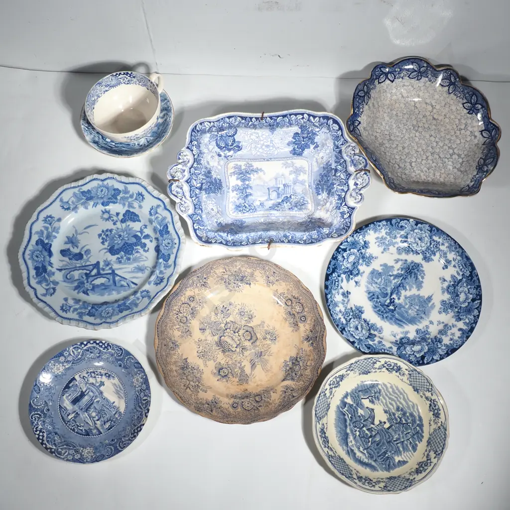 Antique Blue & White China to Include Cup & Saucers, Plates & Bowls Including a Large Double Handled Dish Image 1++