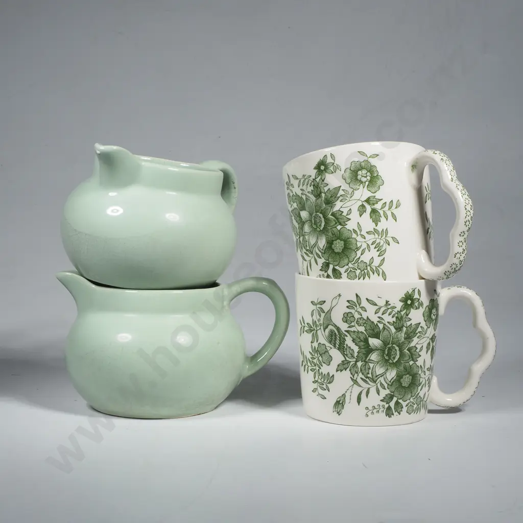 Two Spode Mugs in the Green Stratford Pattern & Two Shorter Ware Jugs Image 1++