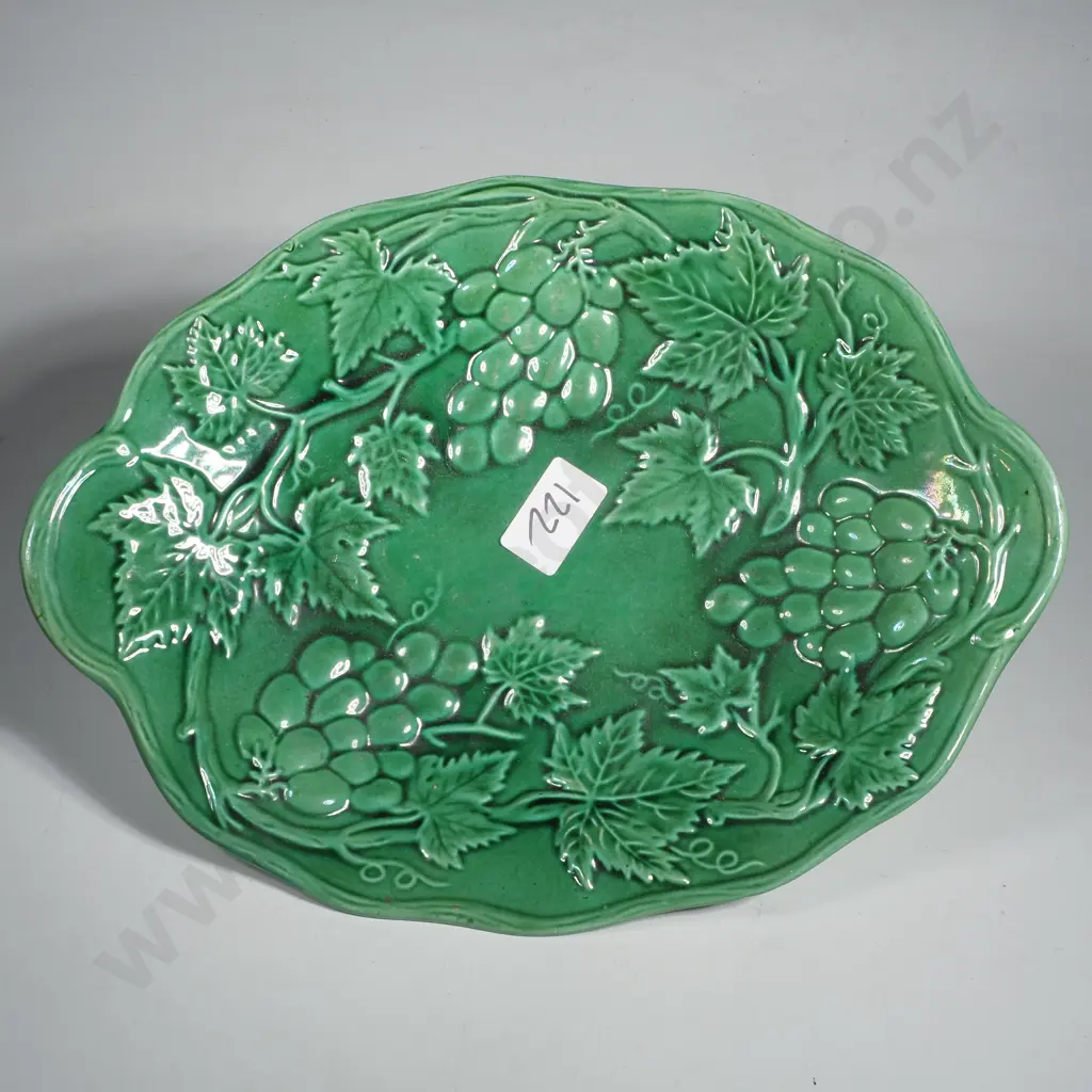Vintage Green Majolica Dish w Raised Embossed Vines & Grapes Decoration Image 1++