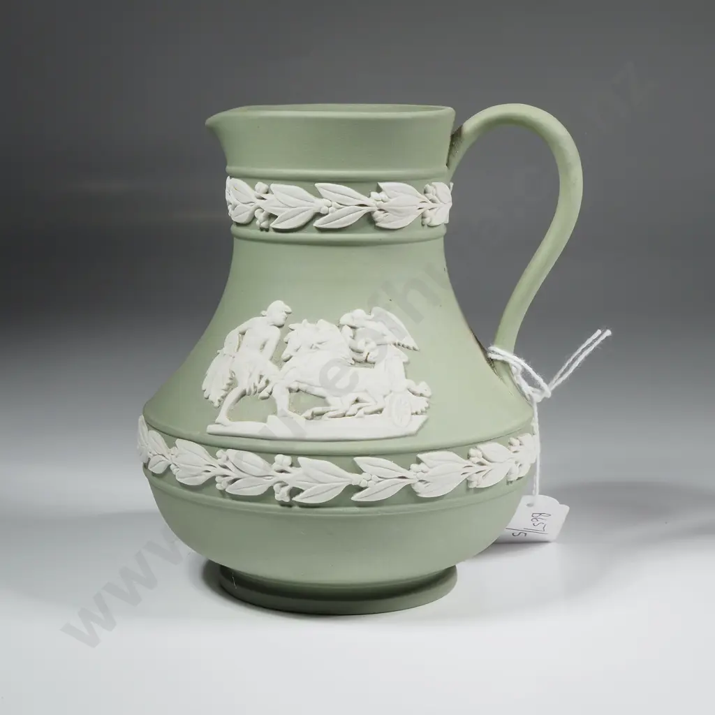Vintage Wedgwood Green Jasperware Jug w Neoclassical Relief Figures Image 1++