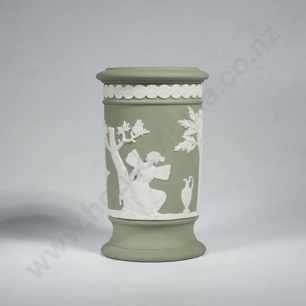 Sage Green Wedgwood Jasperware Spill Vase w Winged Cupid Figure on a Pedestal Image 1++