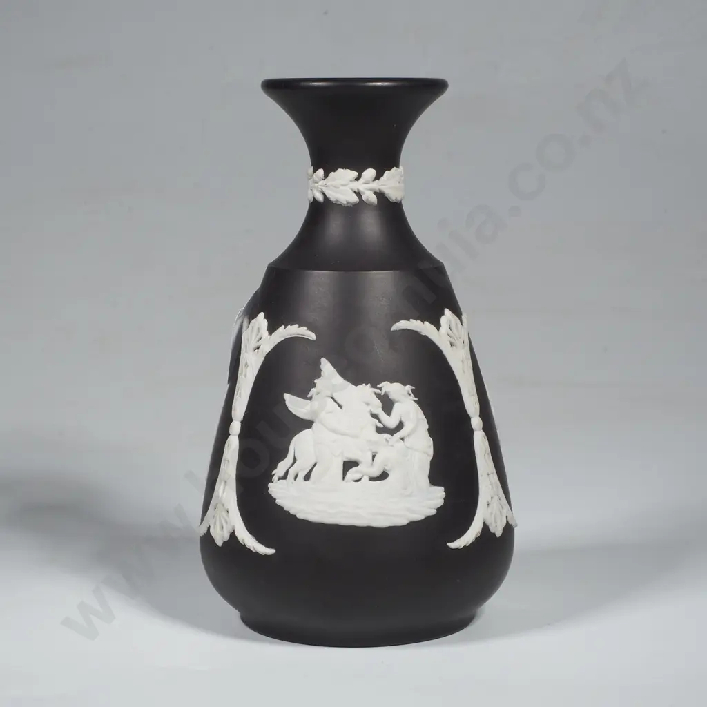 Vintage Black Wedgwood Jasperware Vase w Swags & Figures in White Bas Relief Image 1++