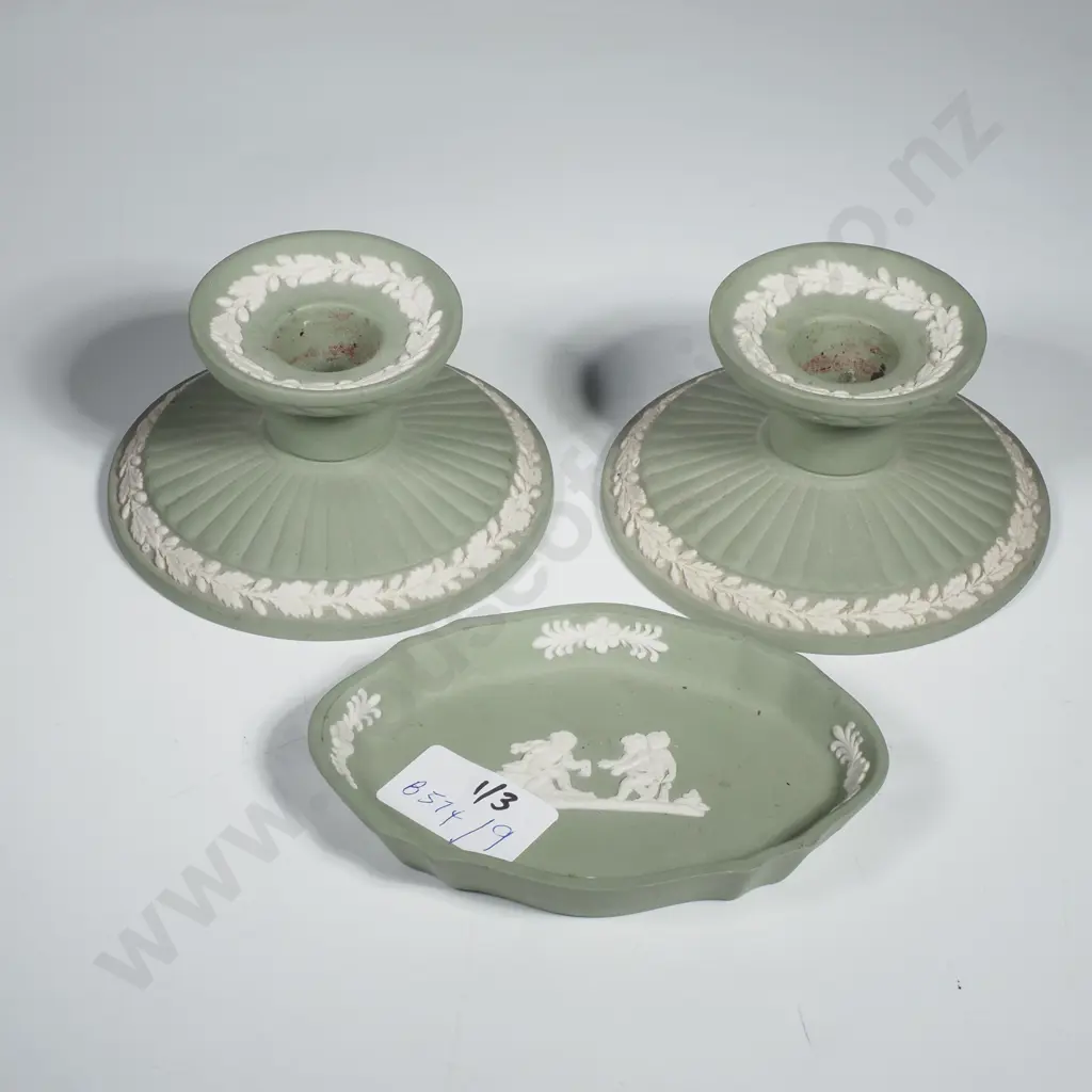 Two Green Jasperware Candles & a  Jasperware Pin Dish Image 1++