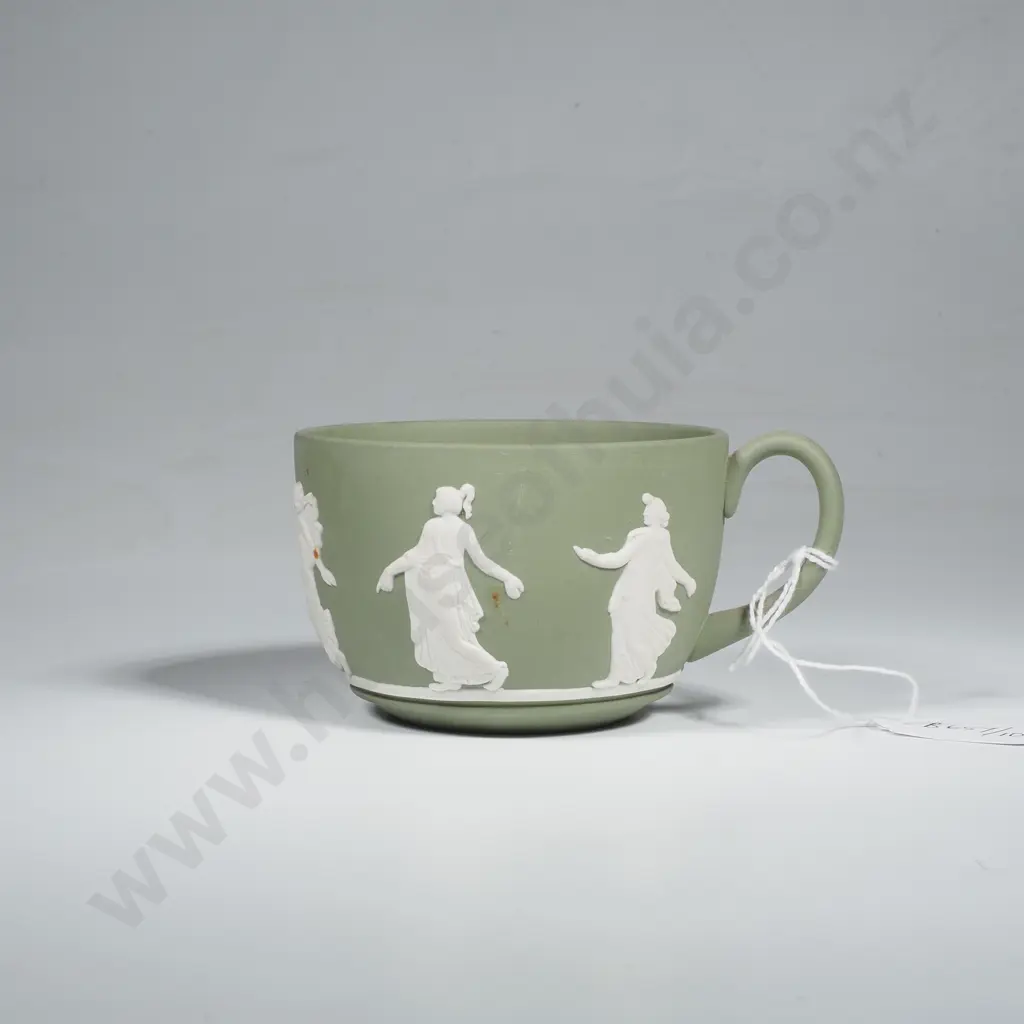 Green Wedgwood Cup  Decorated in White Relief w 'Dancing Hours' Pattern Image 1++