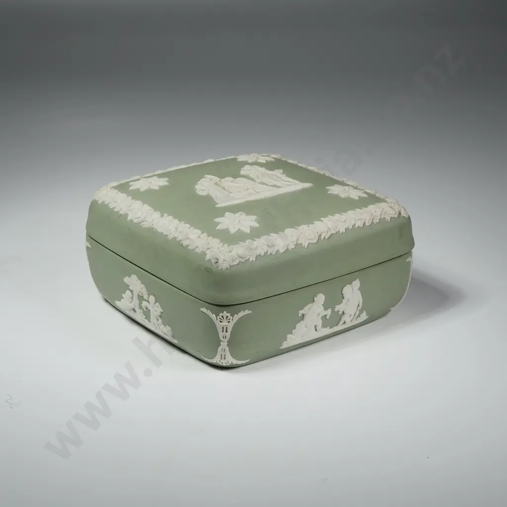 Green Wedgwood Square Trinket Box Featuring Classical Figures in Bas Relief Image 1++
