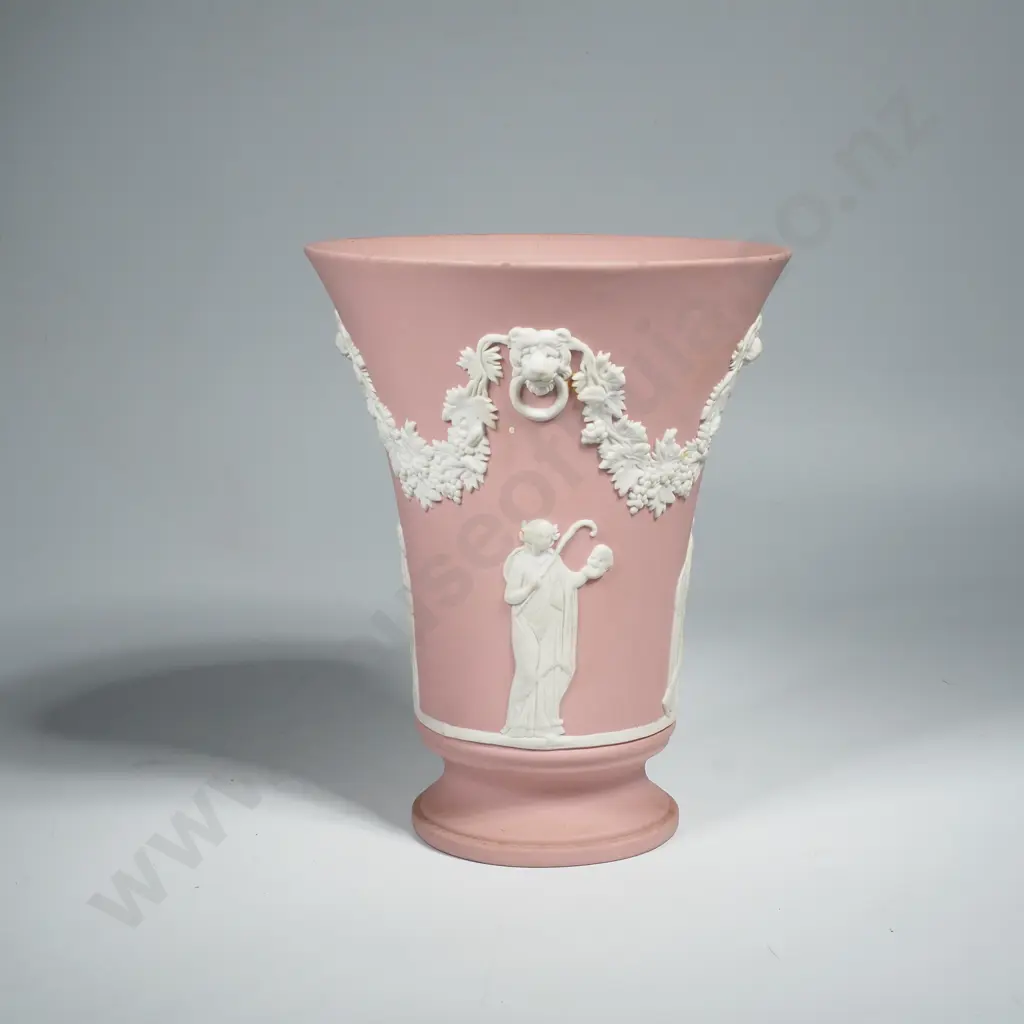 Vintage Wedgwood Pink Jasperware Fluted Vase w Neoclassical Figures in Bas Relief Image 1++