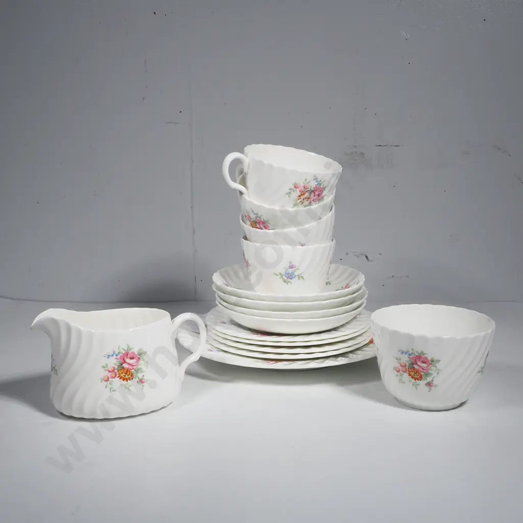 Vintage Minton Teaset Comprising Four Cups, Saucers & Plates, Cake Plate, Jug & Sugar Bowl in the 'Rosetta' Pattern Image 1++