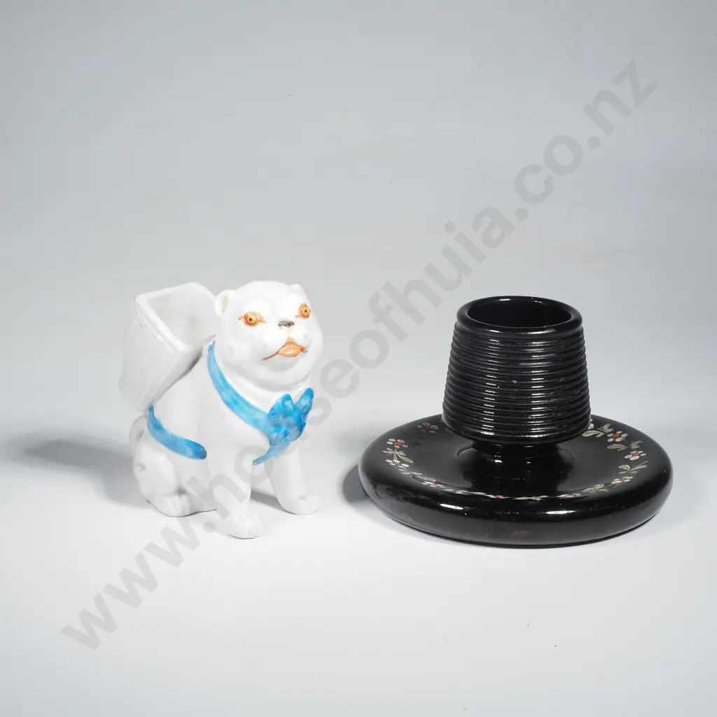 Vintage Black Ceramic Match Striker w Ribbed Body & Painted Rim & a  China Match Holder/Striker of a Pug Dog w Basket Image 1++