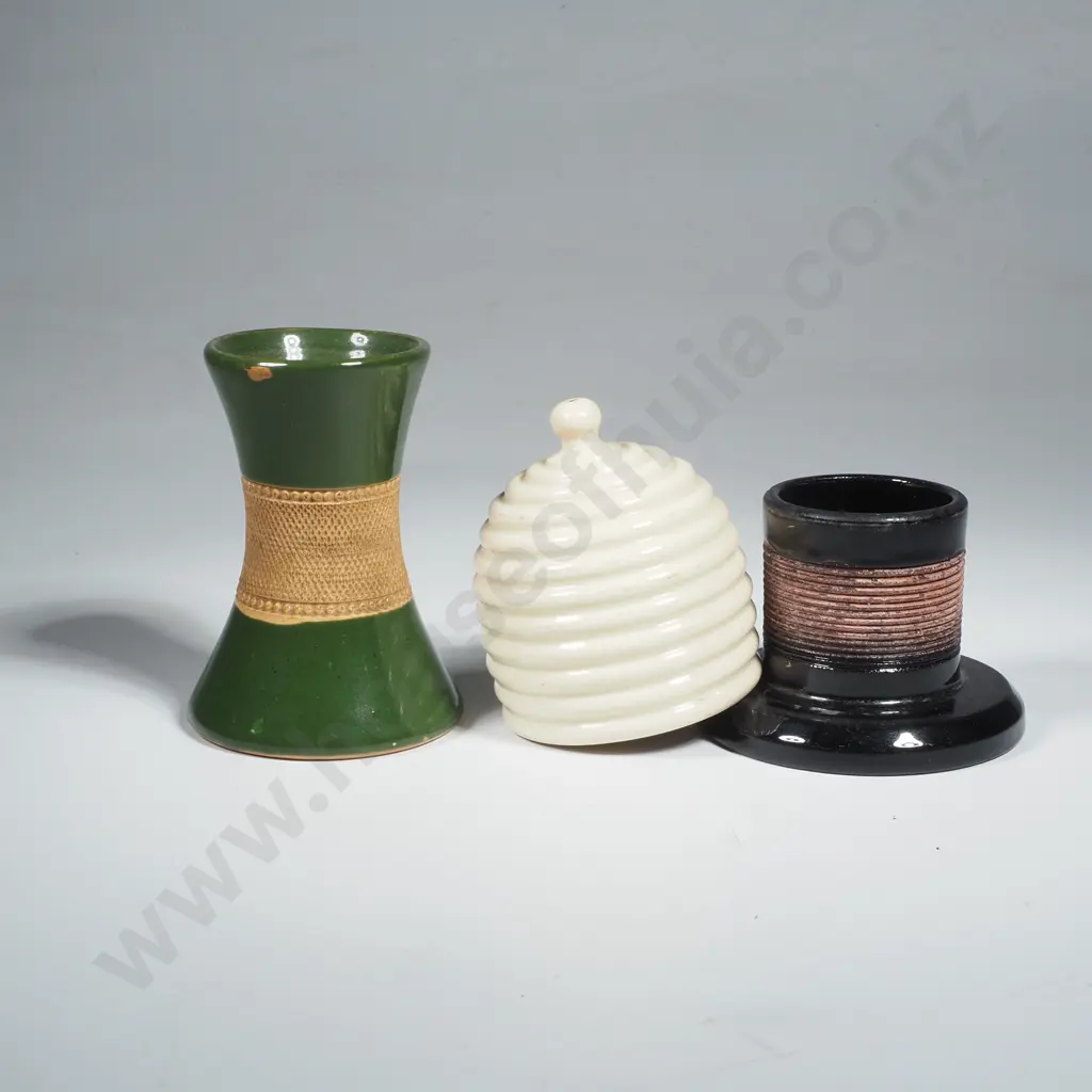Green Ceramic Spill Vase w Striking Band & a Vintage Match Holder & Striker in the Form of a Honeypot Image 1++