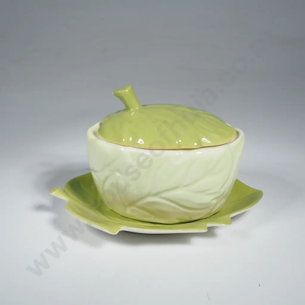 Carlton Ware Green Leaf Sugar Bowl w Underplate Image 1++