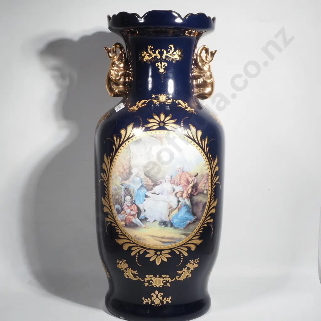 Large Limoges Cobalt Blue & Gold Standing Vase  w Rococo Style Cartouche of a Courting Couple, Highlighted in Gilt Image 1++