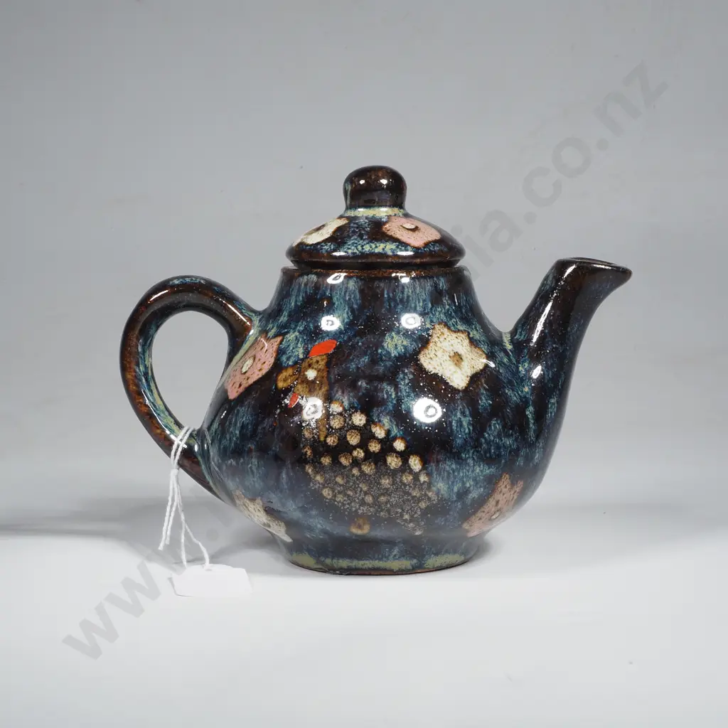 Handmade Studio Pottery Mottled Dark Blue & Green Teapot w Stylized Bird & Floral Motifs Image 1++
