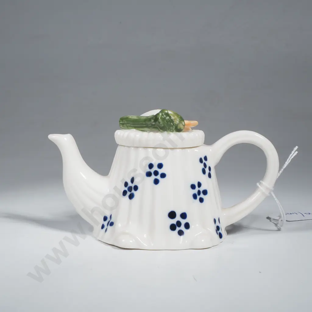 Novelty Mini Teapot Designed by Paul Cardew featuring Blue Floral Patterns on the Body & the Top w Vegetables Image 1++