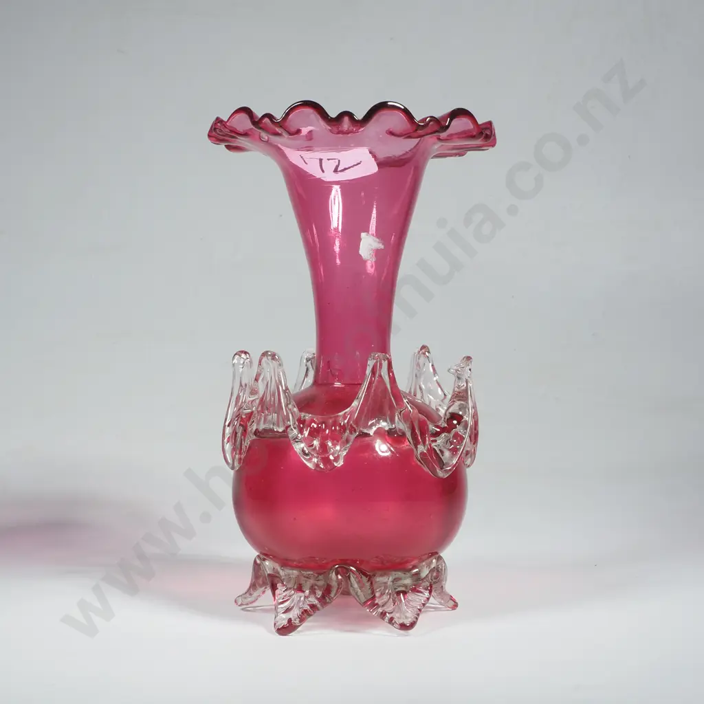 Victorian Cranberry Glass Vase w Ruffled Top & Clear Glass Feet Image 1++
