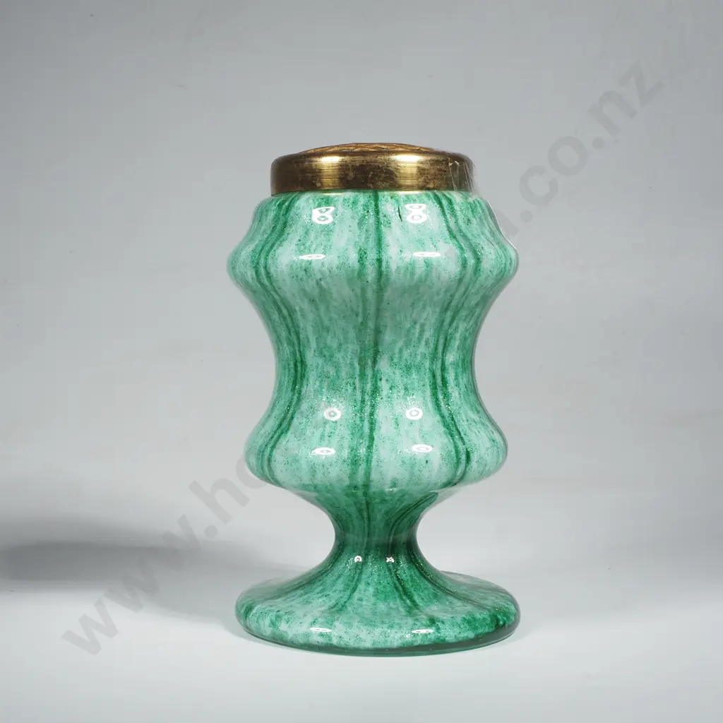 Vintage Czech Franz Welz Art Glass Posy Vase w Green Aventurine Inclusions & Brass Flower Grid Image 1++