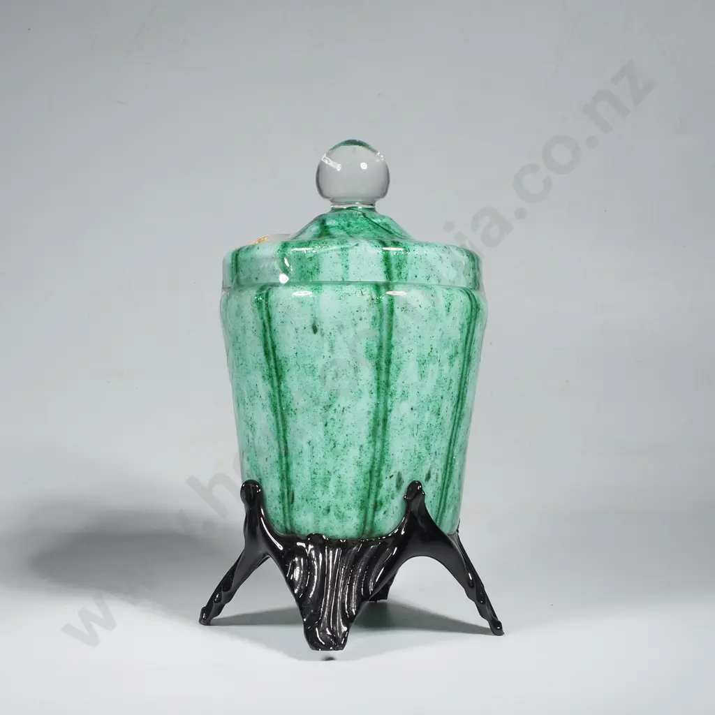 Art Deco Franz Welz Bohemian Lidded Jar w Aventurine Inclusions on Black Glass Feet Image 1++