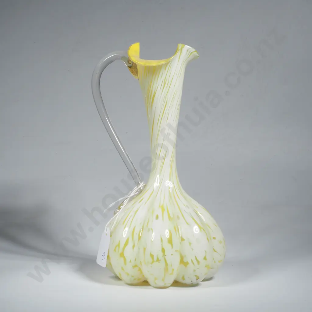 ntage Bohemian Splatter Glass Jug, Yellow & White w Floral Enamel Flowers. Possibly Franz Welz Image 1++