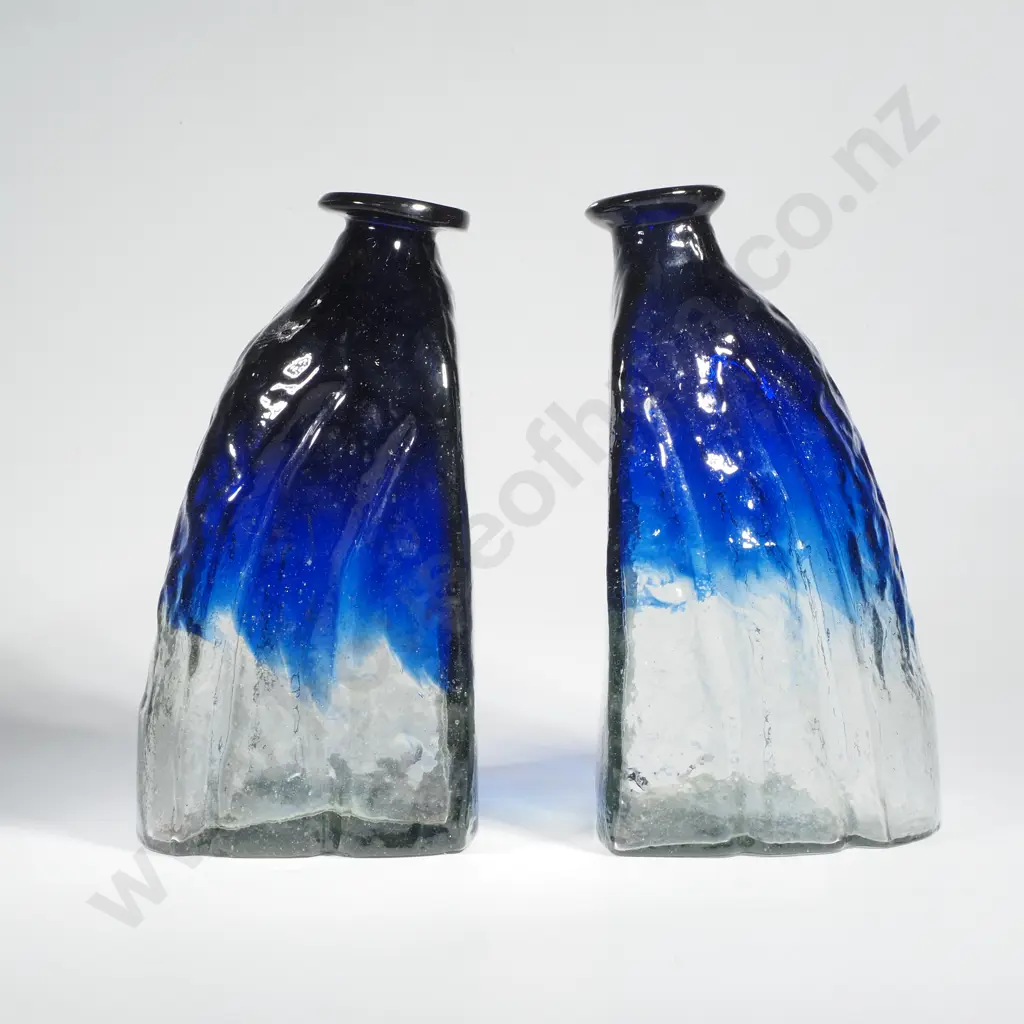 Hand Blown Blue & Clear Glass Textured 'Bookend' Bottles Image 1++