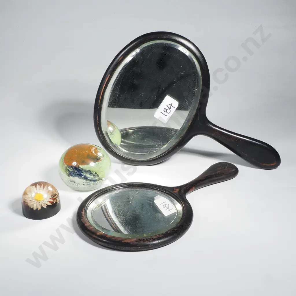 Art Glass Paperweight, an Australian Acrylic Paperweight & Two Wooden Hand Mirrors Image 1++