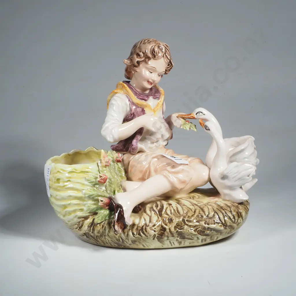 Vintage Porcelain Planter of a Boy Feeding Ducks  - 21cm Tall Image 1++
