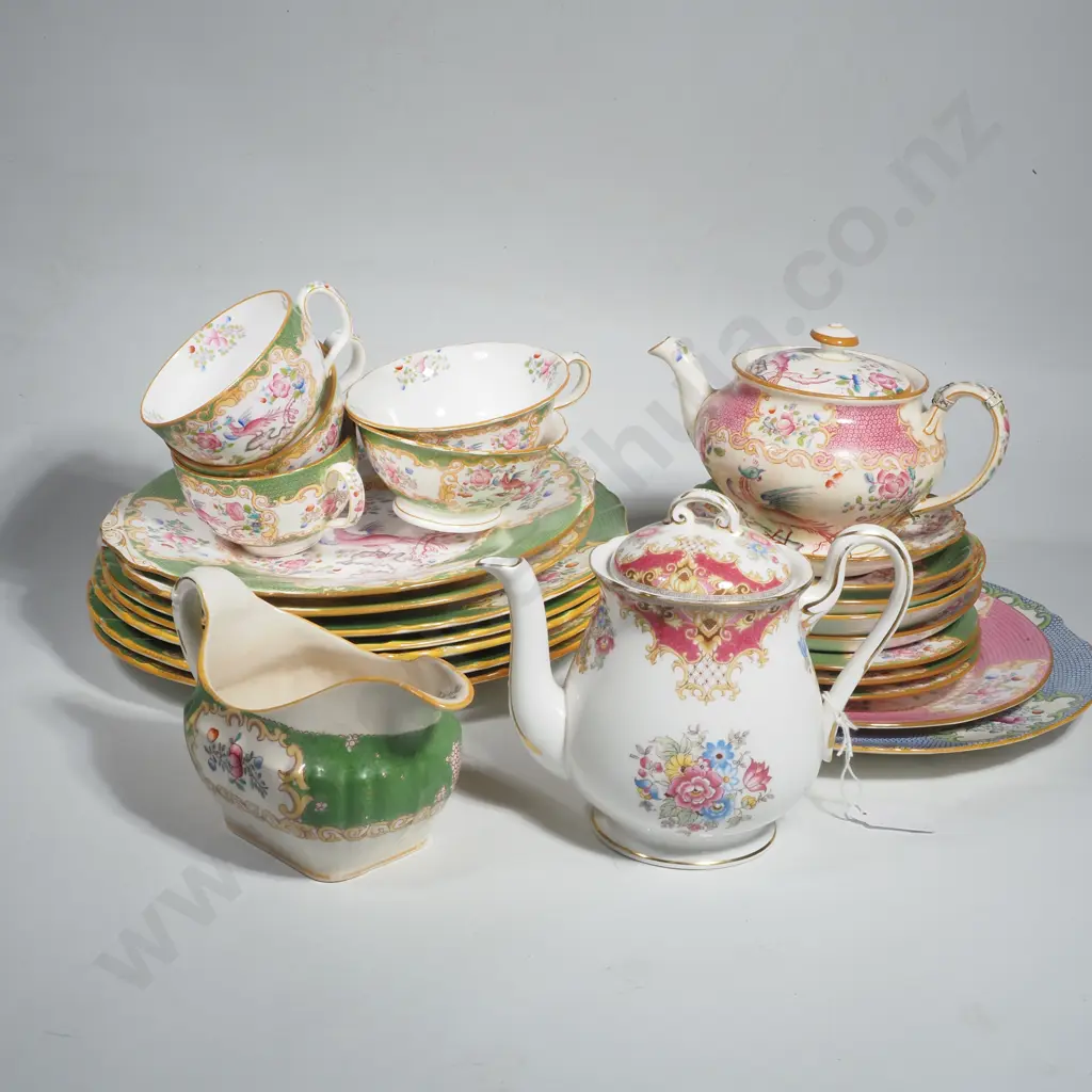 Seven Antique Minton Cockatrice Green Plates including Two Cake Plates, Five Cups & Saucers & Three Side Plates Image 1++