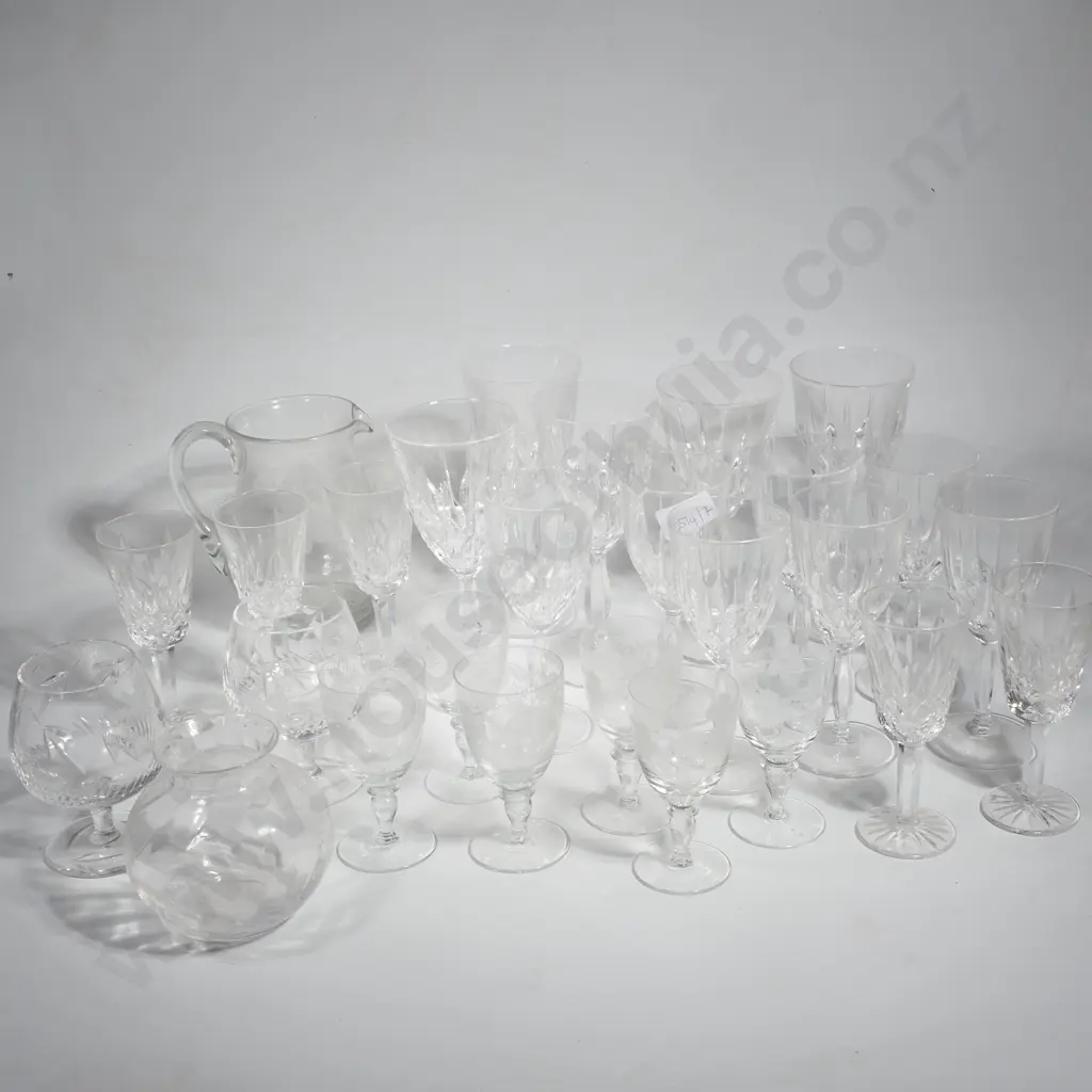 Collection of Stemmed Crystal Glasses incl. a Pair of Brandy Glasses, Red & White Wine Glasses & Engraved Jug w Glassees Image 1++
