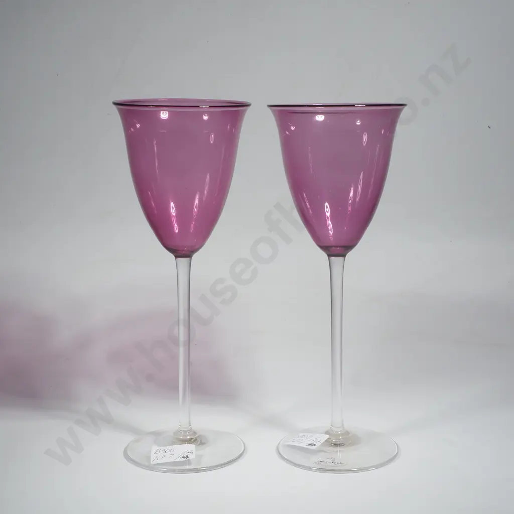 2 x Tall NZ Hoglund Studio Art Glass Wine Glass w Hyacinth Bowls on Clear Stems Image 1++