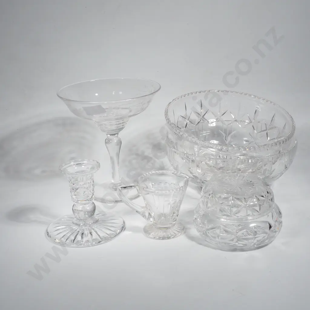 Two Crystal Bowls, Stuart Crystal Compote, Crystal Candlestick & a Small Crystal Jug Image 1++