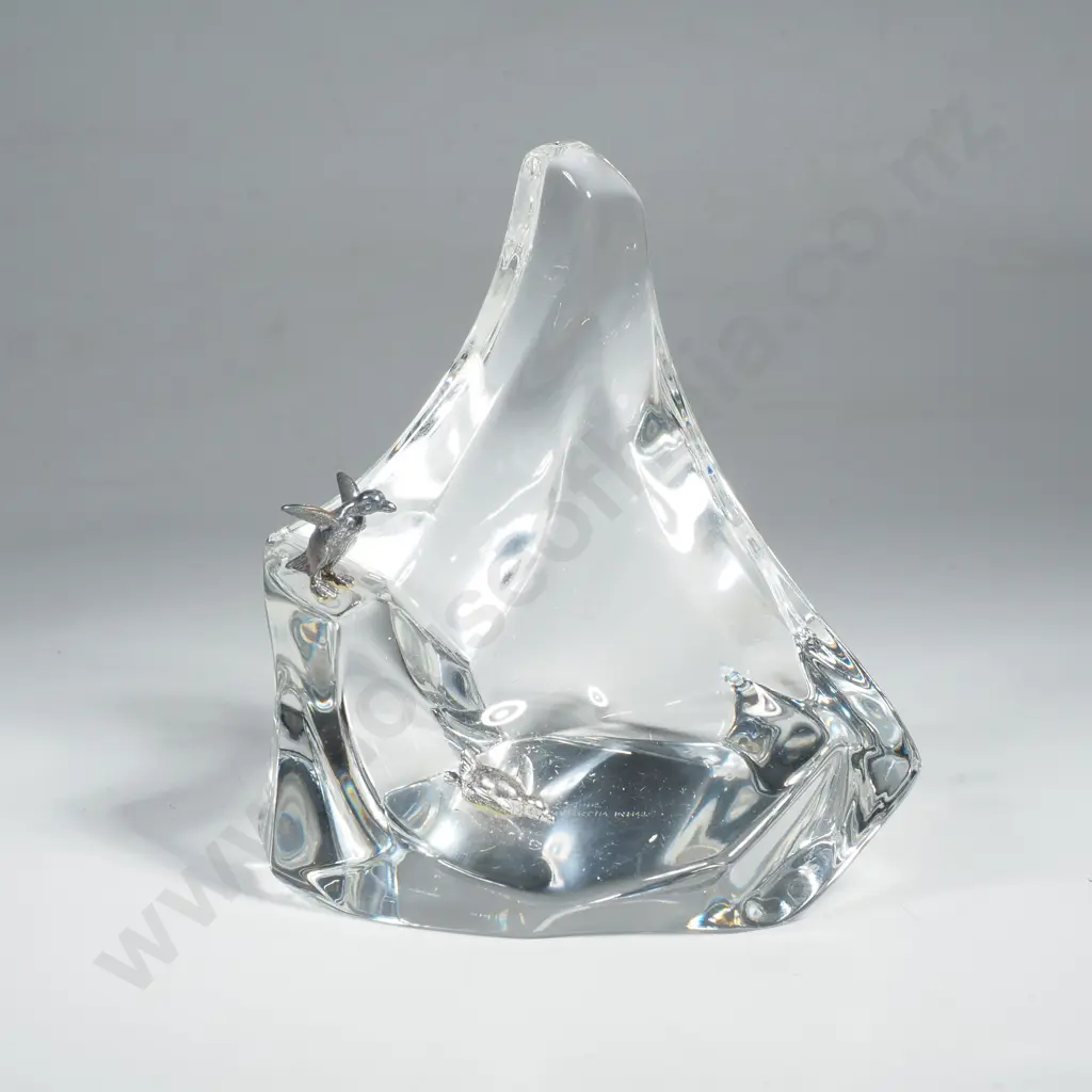 Vintage Crystal & Silver Paperweight of Penguins on Ice Berg  Image 1++