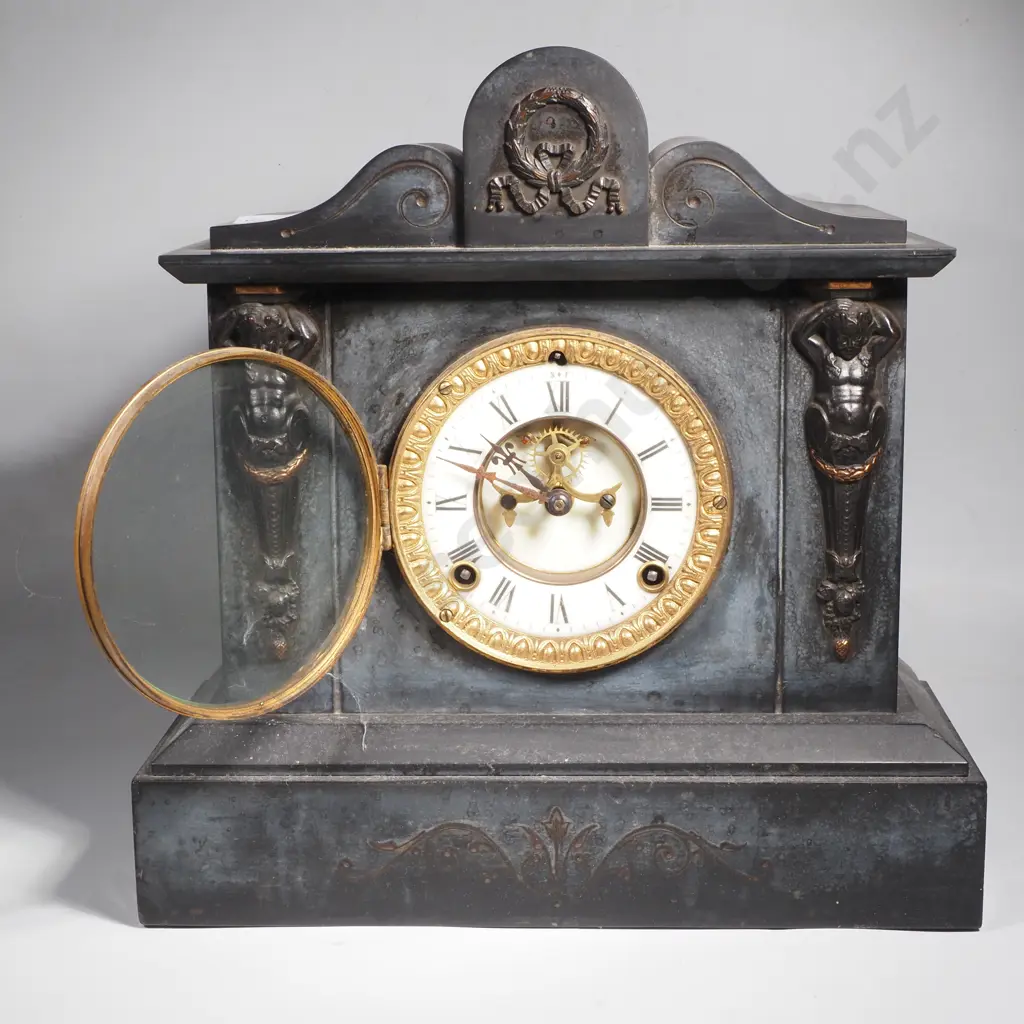 Large Victorian Black Slate Mantle Clock w Metal Mount, White Enamel Face w Roman Numerals & Visible Escapement Image 1++