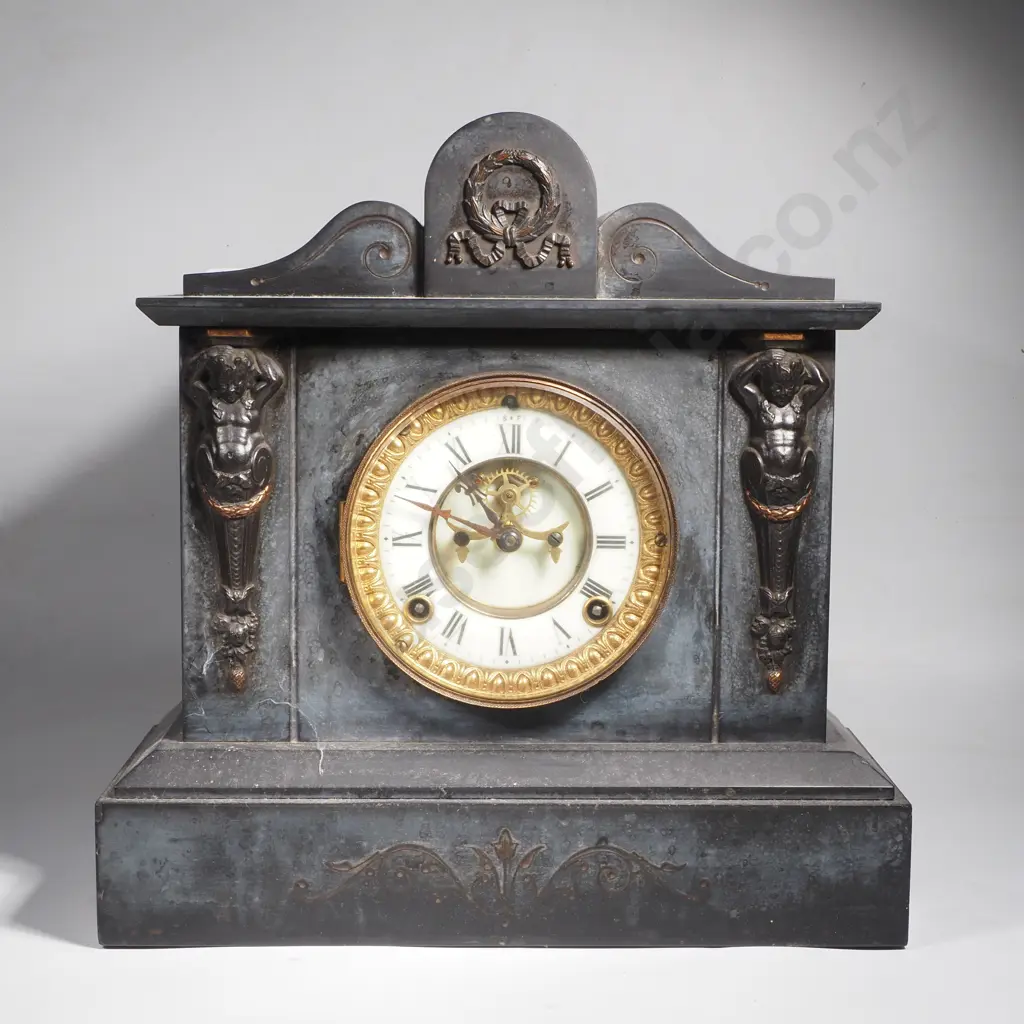 Large Victorian Black Slate Mantle Clock w Metal Mount, White Enamel Face w Roman Numerals & Visible Escapement Image 1++