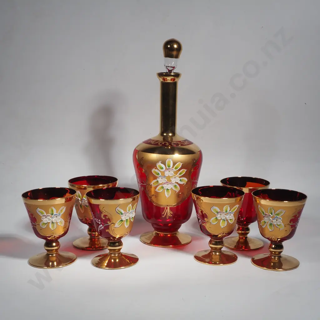 Vintage 1970s Ruby Red Murano Glass Decanter w Gold Gilding & Enameled Flowers & Six Matching Stemmed Goblets Image 1++