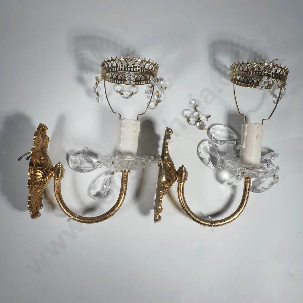 Pair of Vintage Brass & Hanging Crystal Wall Sconces Image 1++