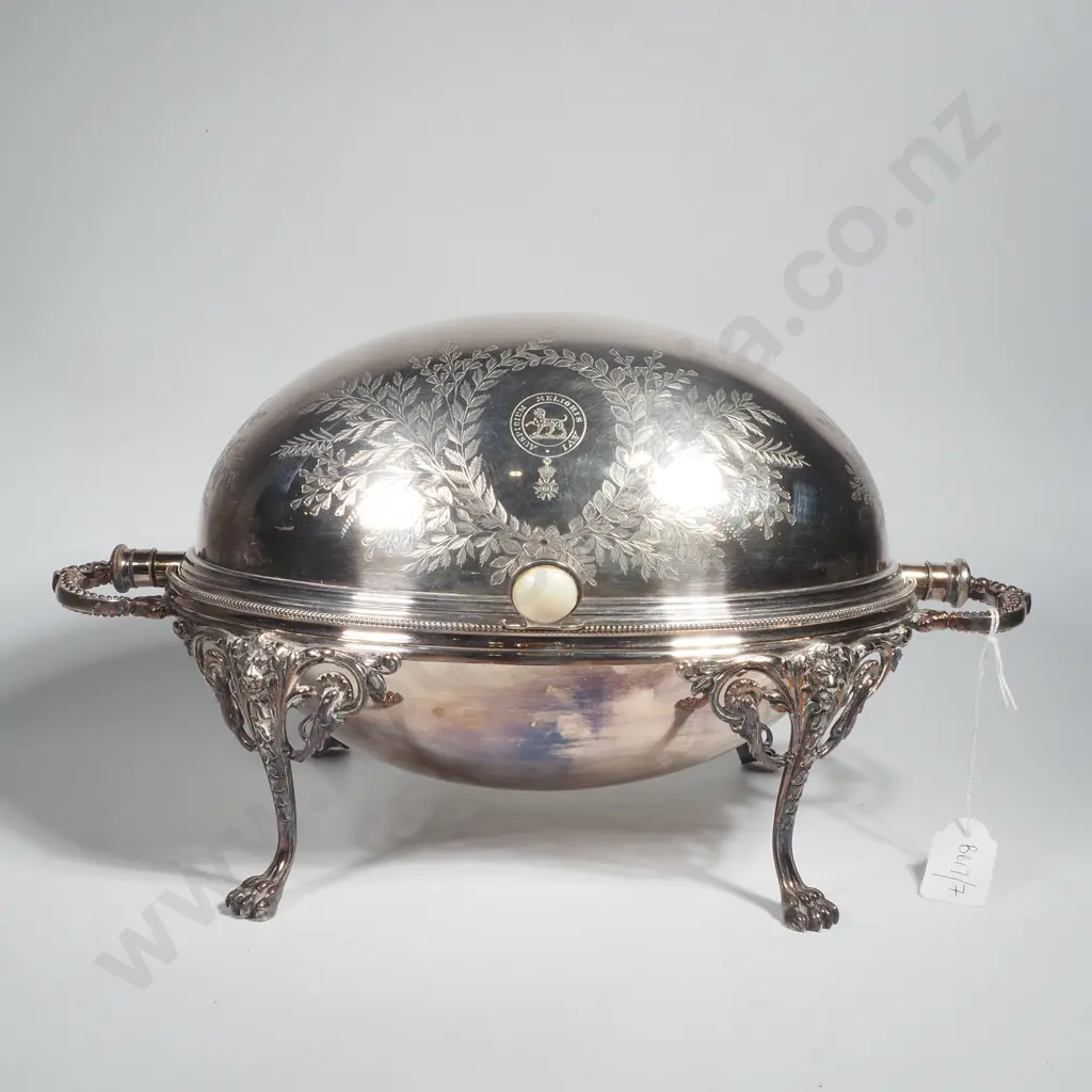 Antique Silver Plate Revolving Dome Food Warmer w Crest ( Most Distinguished Order of St Michael & St George Image 1++