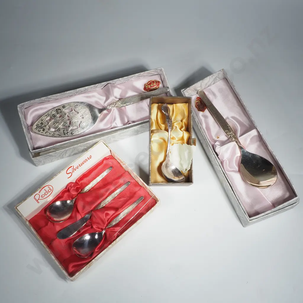 Three Boxes of Rodd Silver Plate 'Chateau' - Cake Slice, a Serving Spoon, & a Three Piece Jam Spoons & Butter Knife, Image 1++
