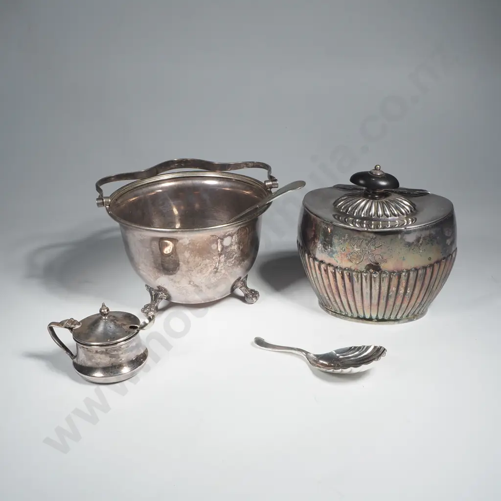 Silver Plate Tea Caddy in the Georgian Pattern w Tea Caddy Spoon,  Sugar Basin w Sugar Spoon & Mustard Pot & Spoon Image 1++