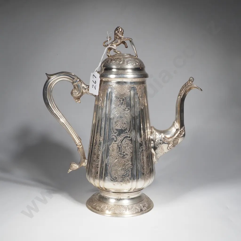 Antique & Extremely Ornate Silver Plate Coffee / Chocolate Pot w Lion & Shield Finial Image 1++