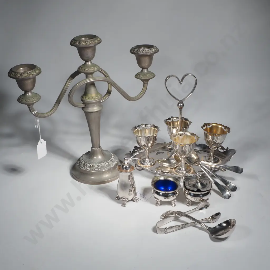 Silver Plate Candelabra (Worn), Three Piece Cruet Set, Egg Cruet Set for Four w Spoons, Sugar Tongs & Kings Sauce Ladle Image 1++