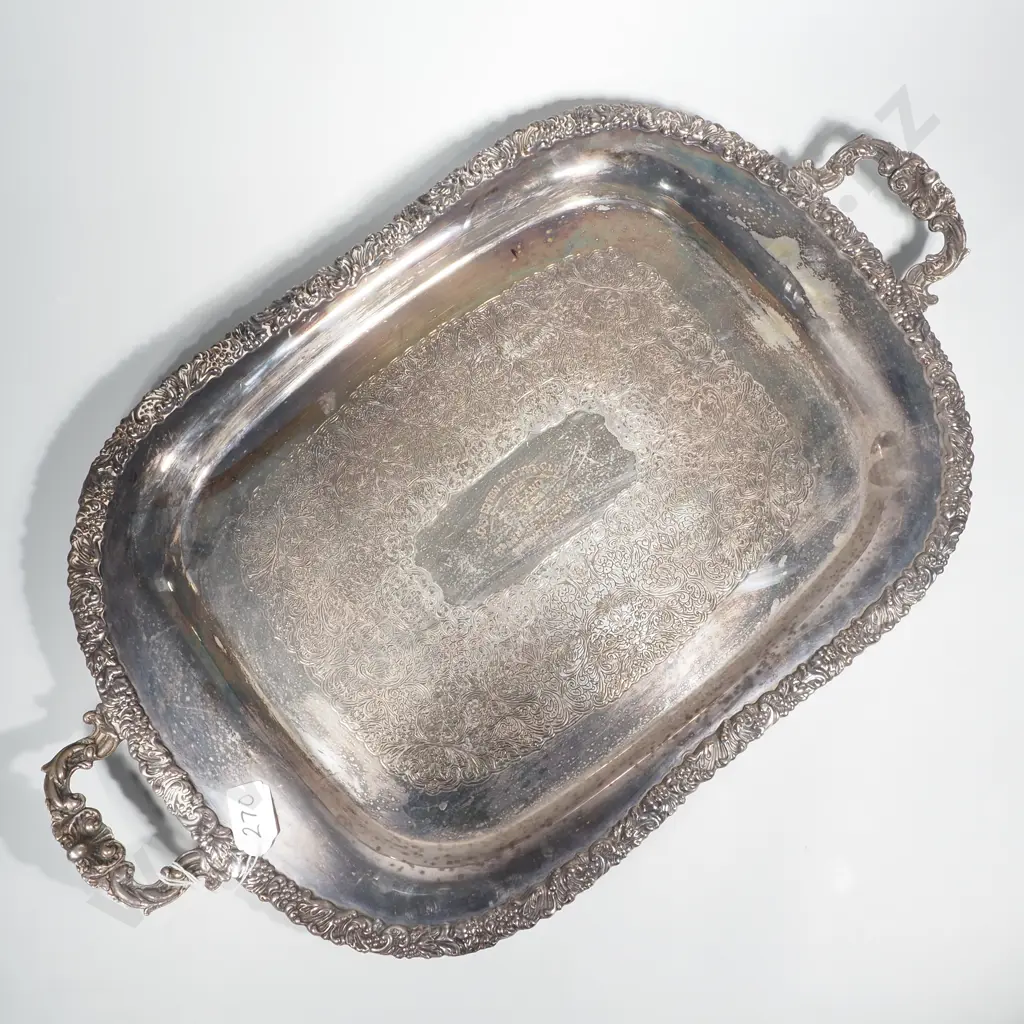 Silver Plate Double Handled Tray w Embossed Rim. Engraved Masterton Racing Club Trophy Image 1++